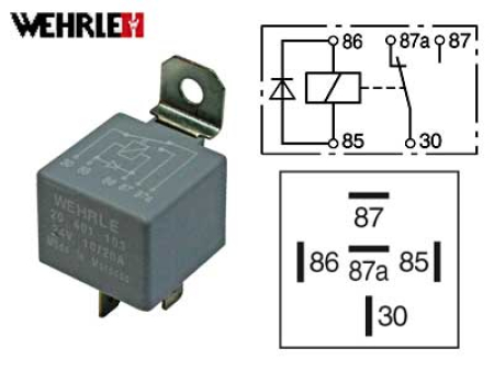 RELE 24V 10/20A 5-N. 87A, DIODI, PITIMELLÄ 20401103